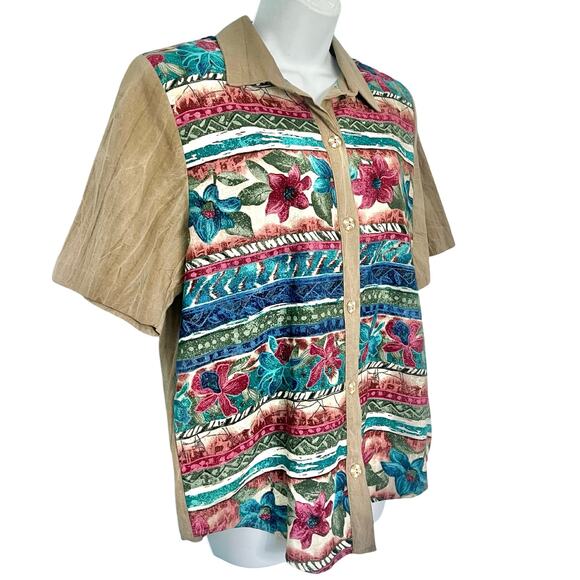 Vintage 90s Brown Floral Striped Short Sleeve Collared Button Down Shirt size M - Picture 10 of 11